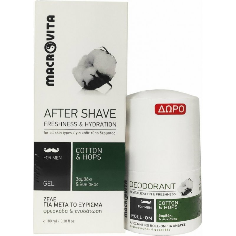 Macrovita Πακέτο Προσφοράς After Shave Gel for Men With Cotton and Hops 100ml και Δώρο Deodorant Roll on