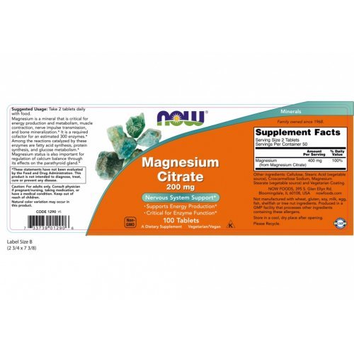 NOW MAGNESIUM CITRATE 200 MG 100 Ταμπλέτες